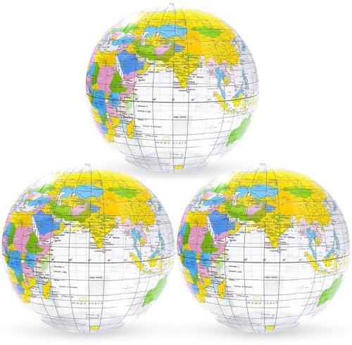 3 Stück,Aufblasbare Weltkugel Globus, PVC Weltkugel Globus, Geographie Weltkarte,wasserball aufblasbar für Strand Schule Bildung Unterricht Kinder Jugendliche,Nach dem Aufblasen 28-30CM (Transparent)