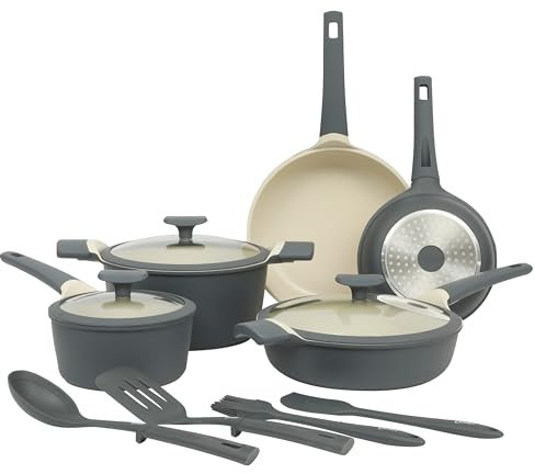 Oster Premium Rooney - Juego de 12 ollas y sartenes de aluminio fundido sin PFA, cerámica antiadherente, utensilios de cocina de inducción, color gris