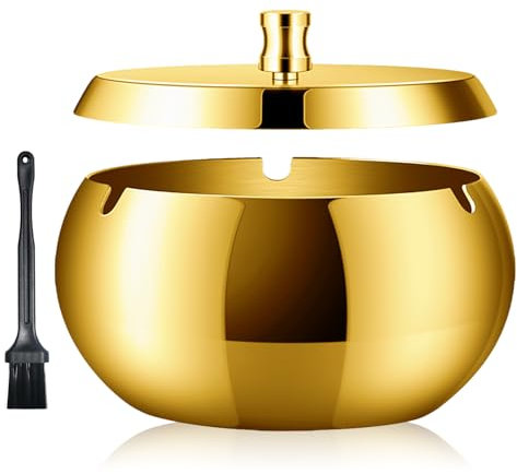 Geoyien Aschenbecher mit Deckel, aschenbecher für draussen, Aschenbecher Mit Reinigungsbürste, winddicht, geruchsdicht, waschbar, Edelstahl aschenbecher für Wohnzimmer Gärten Büros Balkone (Gold)