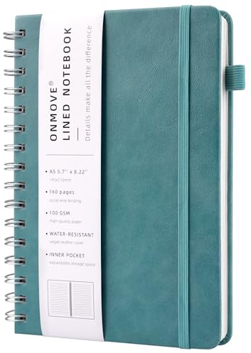 YUNAI Notizbuch A5 Spiralbindung, Notizblock Liniert 160 Seiten, PU Leder Hardcover Journal Buch, 100gsm Tintenfestes Papier, Elastisch Gebändert, Innentasche für Schule Arbeit Zeichnen, Cyan