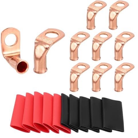 sourcing map 10pcs 6 Awg 90° Bent Copper Lugs Battery Cable Ends, 6 Gauge 5/16 Stud Battery Lugs Ring Terminal Connector with 10pcs 3:1 Black & Red Heat Shrink Tubing