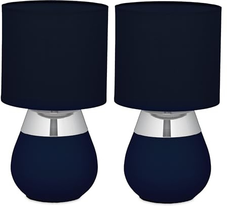 Relaxdays Tischlampe, 2er Set, Metallfuß, Stoffschirm, E14, H x D: 32 x 18 cm, Nachttischlampe mit Kabel, blau/Silber