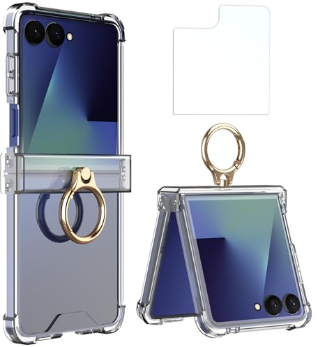Simpeak Hülle Kompatibel mit Samsung Galaxy Z Flip 7 2025(Nicht für Flip 7 FE), Slim Case Kratzfest mit Displayschutzfolie, TPU Stoßfest Schützend Airbag Klapphülle mit Ring Videoständer, Clear