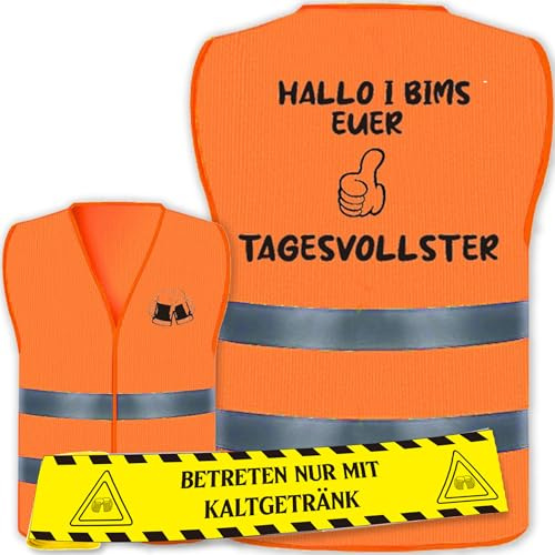 Lustiges Party-Set: Warnweste „Hallo I Bims Euer Tagesvollster“ + 30m Absperrband „Saufstelle“ – Neon Reflektor Sicherheitsweste & Flatterband für JGA, Malle, Karneval, Festival – Männergruppen