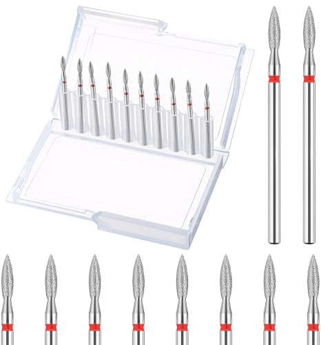 Grevosea 10Pcs Cuticle Drill Bit, Nail Drill Bits Flame Cuticle Clean Drills Bit, Professional 3/32'' Nail Drills Bits for Dead Skin Removal, Manicure Pedicure Tools Silver & Red