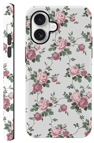Phoona Flower Case for iPhone 16 6.1, Pink Floral Print Girly Aesthetic Dsign Pattern for Girl Women, Shockproof Slim Soft TPU and Hard PC Frosted Double Protective Cover, White