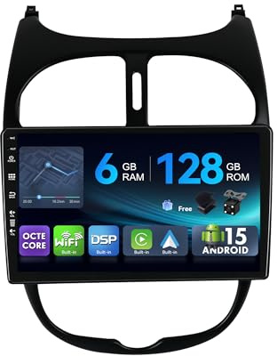 MSD 6G+128G - 9 Pollice Autoradio Per Peugeot 206 (2002-2010) | Android 15 GPS Navi Radio | Carplay Android Auto Volant Dual Band WiFi DSP DAB Bluetooth | Telecamera MIC | Octa-Core 2 Din