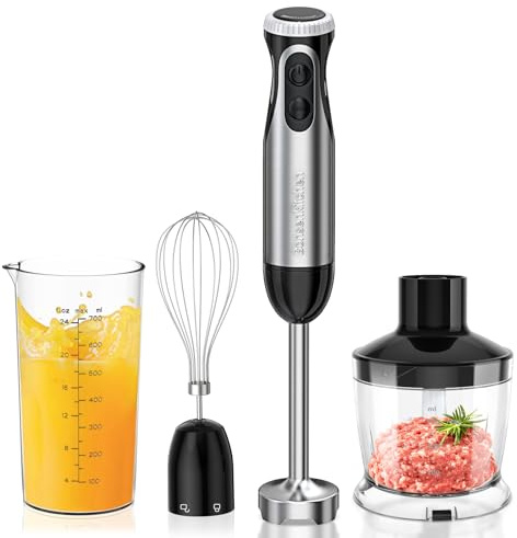 Bonsenkitchen Batidora de Mano 1000W 4 en 1, 20 Velocidades + Turbo | Batidor, Picadora 500ml y Vaso 700ml, Procesador de Alimentos Multifunción, HB3203