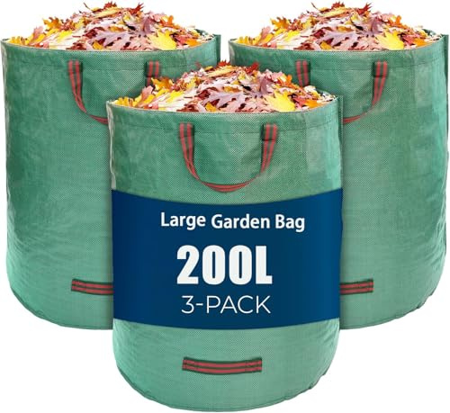 Tiusixsy 3X 200L Sacchi per Rifiuti da Giardino, Sacchi Giardinaggio Riutilizzabili con Maniglie, Sacco Raccogli per Foglie Erba, Rifiuti, Detriti,