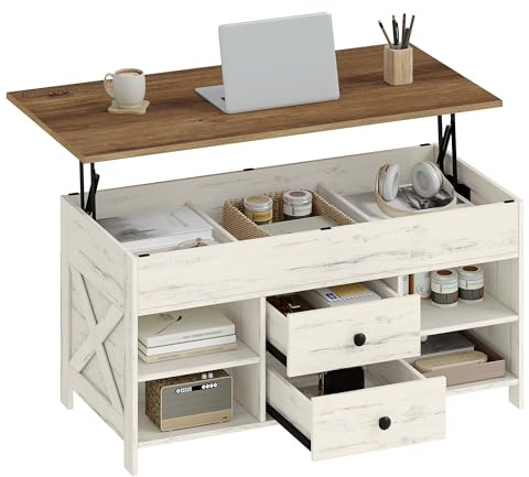 Hzuaneri Couchtisch, höhenverstellbarer, 50 x 100 x 47-61 cm, Weiß-Braun | Wohnzimmertisch, Sofatisch, 2 Schubladen und Versteckter Stauraum, für Wohnzimmer, Esszimmer, Büro, CT22114B
