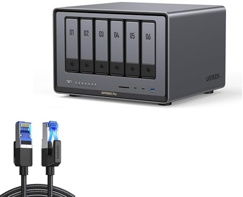 UGREEN NASync DXP6800 Pro NAS de Bureau 6 Baies + Câble Ethernet Cat8 2M RJ45, Processeur Intel i5 1235u 10 cœurs, 8Go DDR5, 128Go SSD, 2 Ports 10GbE, 2 Emplacements M.2 NVMe, HDMI 8K (sans Disque)