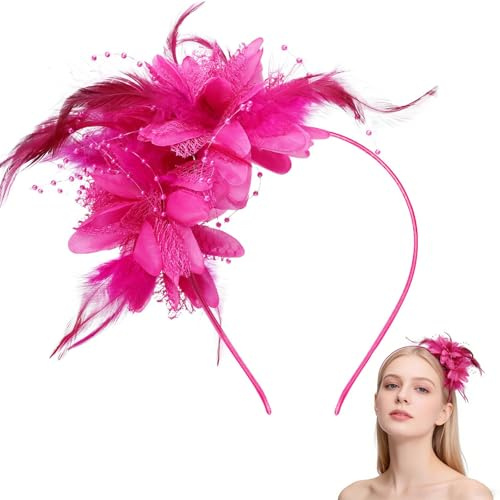 2Pcs Fascinators for Women Weddings, Elegant Vintage Pink Feather Fascinator Hat with 3D Flower & Mesh, Lightweight Headband for Bride, Cocktail Garden Tea Party, Birthday, Costume Accessories