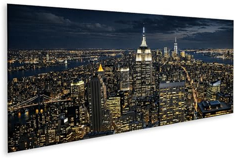 islandburner Bild auf Leinwand Beleuchtete Skyline von New York City bei Nacht als Wandbild - Panorama