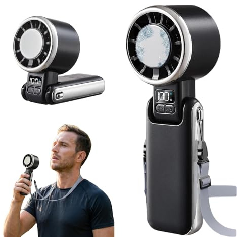 smallwell Ventilateur portatif avec collier, compresse froide 60 °F, moteur sans balais 13 500 tr/min, écran numérique, USB-C