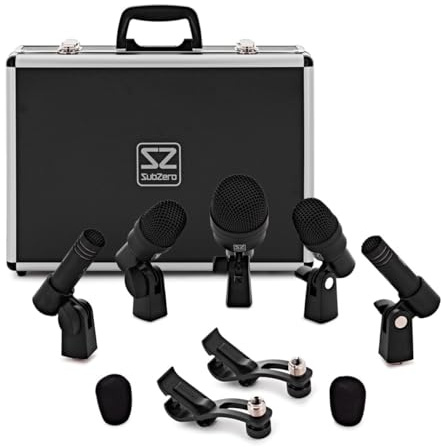 SubZero Set de micrófono para batería de 5 Piezas con Funda y Pinzas | Cobertura completa de batería, micro de bombo contundente, micros de tom/caja equilibrados, condensadores para platillos