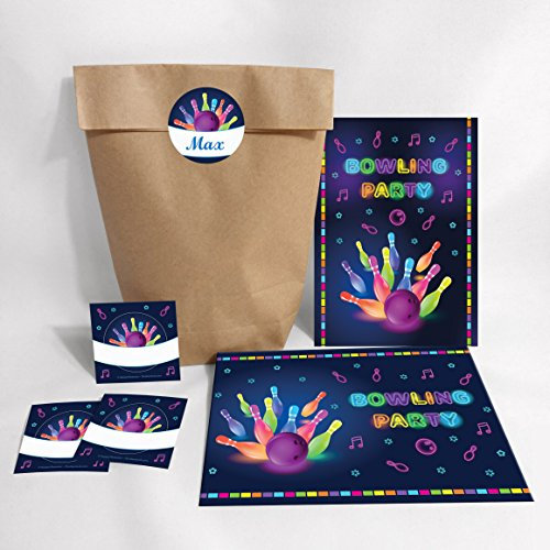 10-er Set Einladungskarten, Umschläge, Tüten, Aufkleber zum Kindergeburtstag Bowling für Mädchen und Jungen/Erwachsene/bunte Einladungen zum Geburtstag/Geburtstagseinladungen