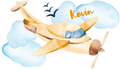 GRAZDesign Wandtattoo Kinderzimmer Junge Flugzeug | personalisiert mit Name | Wandsticker Babyzimmer Baby Jungen | Wandaufkleber Kinderzimmer Deko 86x50cm, Gelb