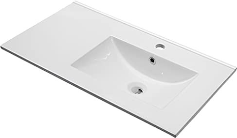baanio - Lavabo Encimera Cerámico Blanco | Seno DESPLAZADO Derecha Rectangular | Pila Lavamanos 91x46 cm | Compatible con Mueble de Baño 90x45 cm, con Rebosadero, con Orificio Grifo