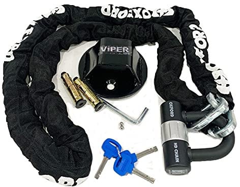 MOTORBIKE OXFORD SOLD SECURE HD CHAIN LOCK 1.5M with Motorcycle Safety RS Atom Ground Anchor Black
