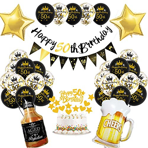 50 Geburtstag Mann Frau Deko, Schwarzes Gold 50. Geburtstag Dekoration, 50 Jahr Geburtstagdeko, 50 Ballon Deko mit Happy Birthday Banner, 50 Geburtstag Mann, Deko 50 Geburtstag Frau MEHRWEG