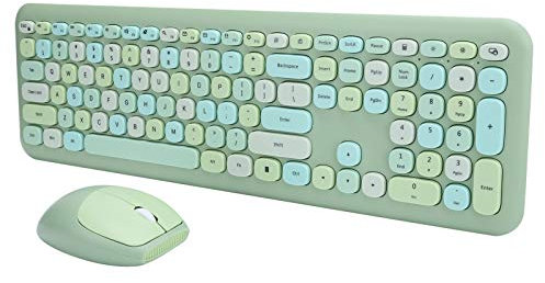 Yunseity Combinación de Teclado Y Ratón Inalámbricos de 2,4G, Teclas Redondas de Colores, Bonito Teclado Estético, Teclado de Máquina de Escribir QWERTY de Tamaño Completo de 110 Teclas(Verde Mixto)