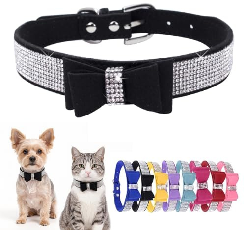 HimyBB Hundehalsband mit Schleife, Kristall, Strass, verstellbar, weich, für Welpen, Katzen, Haustiere, Schwarz, Größe M