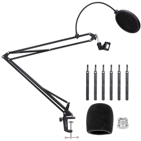 Amazon Basics Brazo de Micrófono Ajustable con Filtro Anti-Pop y Pantalla de Espuma, Abrazadera de Montaje en Mesa, Rotación de 360°, Compatible con Blue Yeti, Snowball, HyperX, 48.2 cm, Negro
