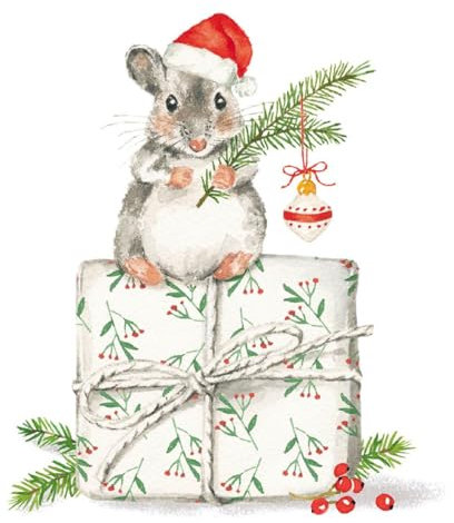 20 Servietten Weihnachtsmaus auf Geschenk | Tiere | Weihnachten | Winter | Tischdeko | Decoupage | Serviettentechnik 33x33cm