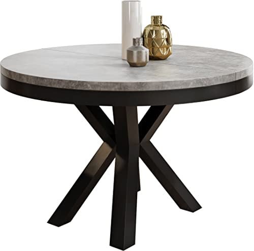 WFL GROUP Runder Ausziehbarer Esstisch im Loft-Stil - Industrieller Tisch mit Schwarzen Metallbeinen - Platzsparender Tisch für Wohnzimmer - Grauer Beton - 100 bis 180 cm