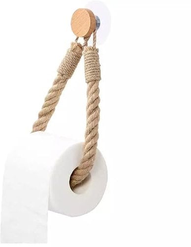 Self Adhesive Chunky Rope Toilet Roll Holder, Shabby Chic Loo Paper Holder Jute Nautical Industrial Style Weave, Vintage Style Bathroom Towel Holder Stick On/Screw In Wall Mounted Tissue String