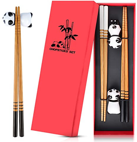 Panda Ceramic Chopsticks Holder, Bamboo Shape Alloy Chopsticks Gift Set, Reusable Chinese Style, Classic Style in Elegant Box Gift Box (2 Pairs)