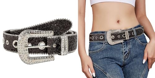 INOGIH Glitzer-Gürtel im Western-Stil, Cowboy-Stil, Strass-Gürtel, Luxuriös, Glitzernd, Diamant-Kristalle, Nieten, für Jeans, Hosen, Kleider, Schwarz, 105cm/Suit for 28''-37'' Waist