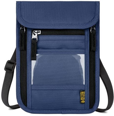 WACCET Brustbeutel Herren Dame mit RFID Schutz, Reise Brustbeutel mit Mehreren Taschen Versteckter Reisegeldbeutel Brusttasche für Bargeld, Karten, Schlüssel und Reisepass usw (Dunkelblau)