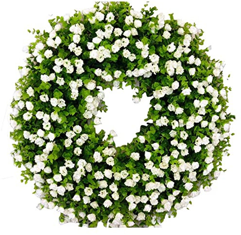 DonDown Türkranz Sommer Blumenkranz Deko für Haustür Künstlicher grüner Kranz mit weißen Blumen Türkranz Ganzjährig zum Aufhängen Willkommens Girlande Dekoration für Zuhause,Bauernhaus (#1, 40X40cm)