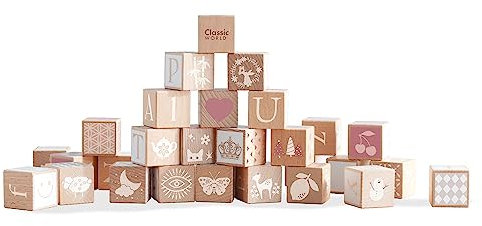 Classic World Holzbausteine Iris | Holzspielzeug für Kinder ab 18 Monaten | Bauklötze für Jungen und Mädchen | mit den 26 Buchstaben, Zahlen und vielfältigen Mustern