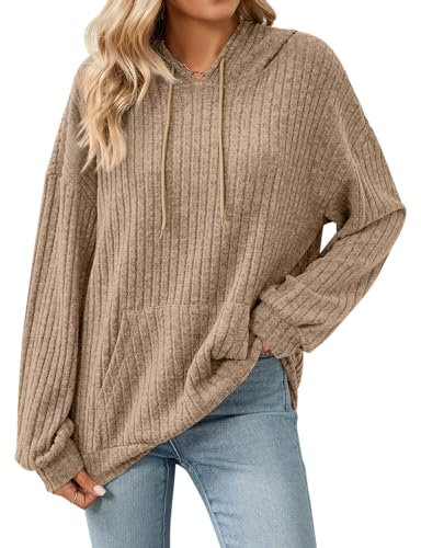 Gemulate Women's Long Sleeve Hood Tops Clothing,V Neck Jumpers for Women Ladies Sweater Clothes Knit Sweatshirts Women's Pullover Camel Large