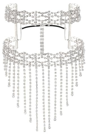 AHANDMAKER Schleier-Kopfbedeckung-Maskenkette, Strass-Quasten-Gesichtsmaske, Kopfschleier, Gesichtskette Für Karneval, Halloween-Party, Strass-Fransen-Maskerade-Maske Für Damen, Silbern Silberfarbig