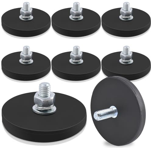 Neodym Magnete Gummiert, 8Stück Starke gummiert Magnete Anti-Rutsch, 13kg Haftkraft Ø 43mm mit M6 Außengewinde Magnetischer Montagesockel für Lichtleisten, Gummi Runde Magnete mit Gewinde