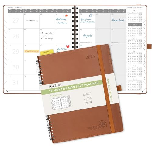 POPRUN Kalender 2025 Monatsplaner A4 (Jul.2024 - Dez.2025) - 18 Monate Monatskalender Ringbuch 26,5 x 21,5 cm - 1 Monat 4 Seiten, Softcover mit PU-Leder, 100 GSM Papier - Braun