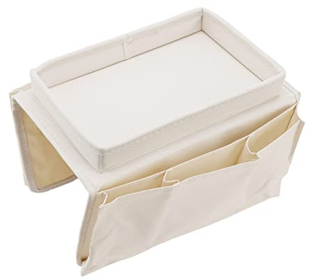 SEAFRONT Sofa-Beistelltisch, Intelligente Aufbewahrung, Sofa-Tablett, Couch-Armtisch, Bank, Zuhause, 600D Oxford-Stoff, Faltbare Seitentaschen (Beige)