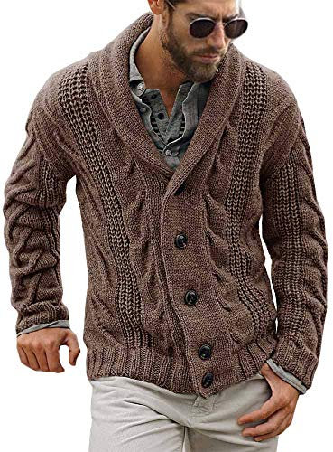 Runcati Mens Cardigan Chunky Knitted Jacket Long Sleeve Cable Knit Cardigan Casual Shawl Collar Buttoned Knitwear Overcoat Winter Outerwear, Brown, L
