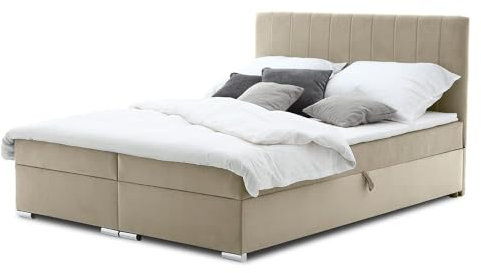 Mebligo Boxspringbett 160x200 mit Bettkasten und Kopfteil, Doppelbett mit Bonell-Matratze und Topper, Polsterbett, Boxspringbett Beige - ELMA Serie