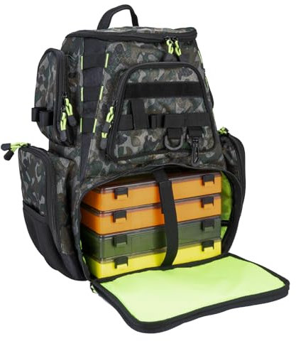 Seaknight Fishing Bag Multifunctional Backpack Waterproof Holdall Tackle Storage Backpack for Carp Fishing Outdoor Camping Hiking (L Size - Camo with 4 Boxes)