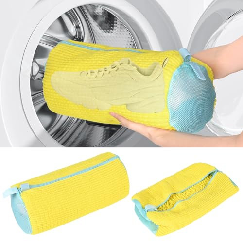 2 Piezas Bolsa Lavadora Zapatillas, Bolsa de Lavandería con Cremallera, bolsa para lavar zapatos, bolsa de lavado reutilizable, bolsa de lavandería con cremallera para zapatos (Amarillo)