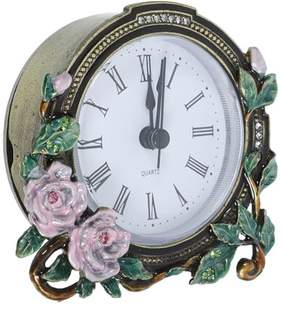 PRETYZOO Orologio da Scrivania Vintage in Smalto con Fiori, Piccolo Orologio da Tavolo in Lega di Zinco, Decorazione Da Ufficio Silenziosa per Casa