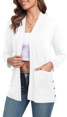 PrinStory Strickjacke Damen Lang Cardigan Mit Taschen Elegante Lässig Langärm Strickjacke Frauen V-Ausschnitt Sommer Jacke Herbst Langarm Pullover (Weiß, XL)