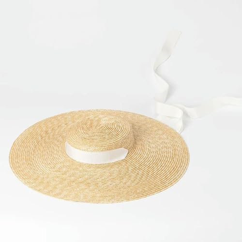 FUZHIK Sombrero de ala Ancha para el Sol, ala de 15 cm, Sombrero de Paja Plano para Mujer, Gorras de Playa con Lazo de Cinta Blanca y Negra, Gorra de Playa Flexible para Mujer, Paja de Rafia
