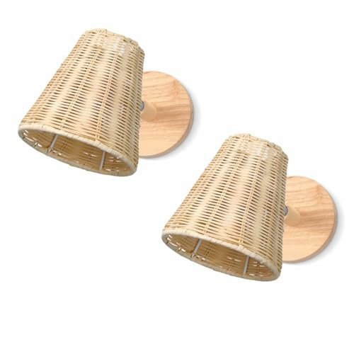 Lot de 2 Applique Murale en Bambou, Lampe Murale Intérieur Vintage, E27 Éclairage Mural Réglable avec Abat-jour en Rotin pour Salon Chambre Couloir Salle à Manger