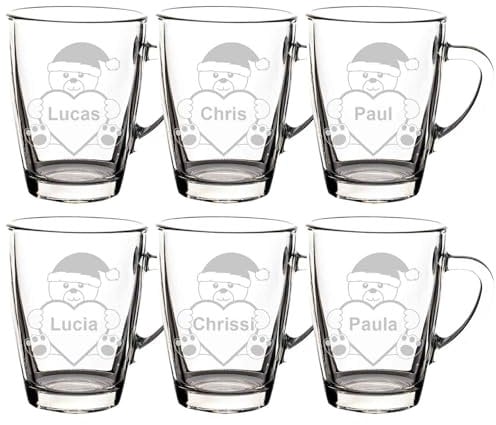 LUXENTU Glasbecher mit personalisierter Gravur, Kaffeebecher 300 ml, Klassischer Becher für Kaffee Tee und Glühwein, Individuelle Lasergravur, Set für Freunde & Familie, Motiv: Teddybär, 6 Stück