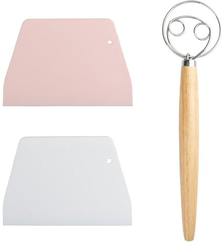 Tabanzhe Danish Dough Whisk with 2PCS Dough Scrapers-13 Inch Long Handle Dough Mixer Hand Tool Dough Mixer Bread Scraper Baking Making Accessories for Dough Bread Cake Pizza Biscuits